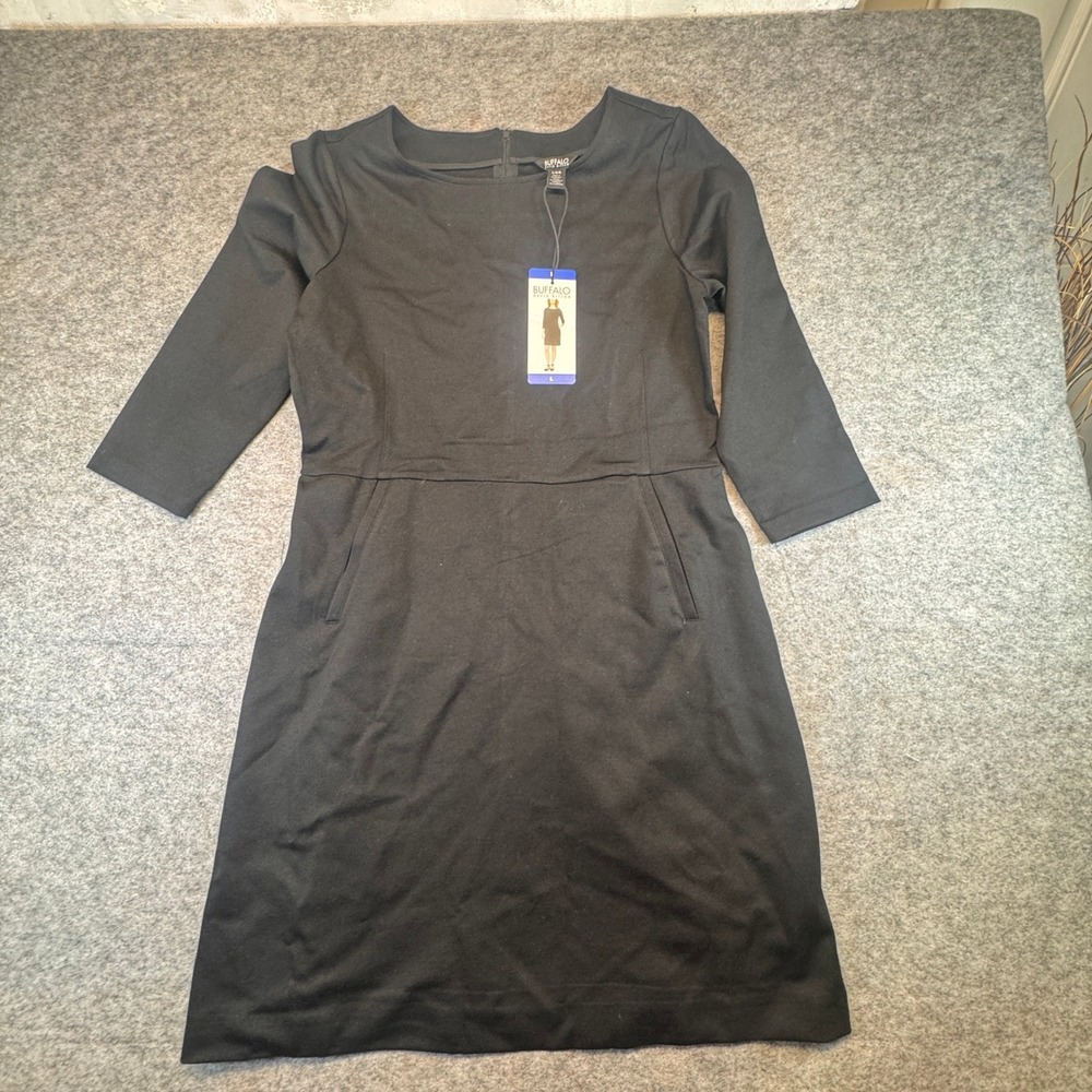 Buffalo David Bitton Luxe Ponte Dress Womens Large Black 3/4 Sleeve Pockets NEW
